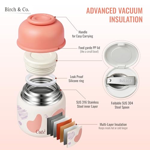 Image of Birch & Co. Baby Feeding Bowl and Spoon Set, Stainless Steel Food Bowls - 320ml, 304 Stainless Steel Baby Food Container with Double Wall Vacuum Insulation, BPA-Free Leak-Proof for School & Travel,Peach