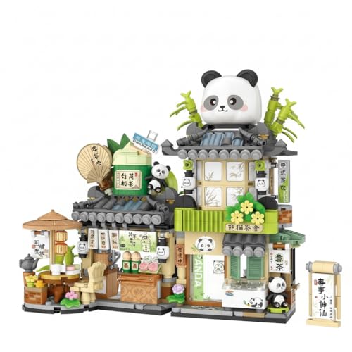Image of SKY LINE OCEAN Japanese Tea Shop Mini Building Bricks Set (860PCS) - Street View Panda Cafe Architecture Model | 6 Months Structural Warranty
