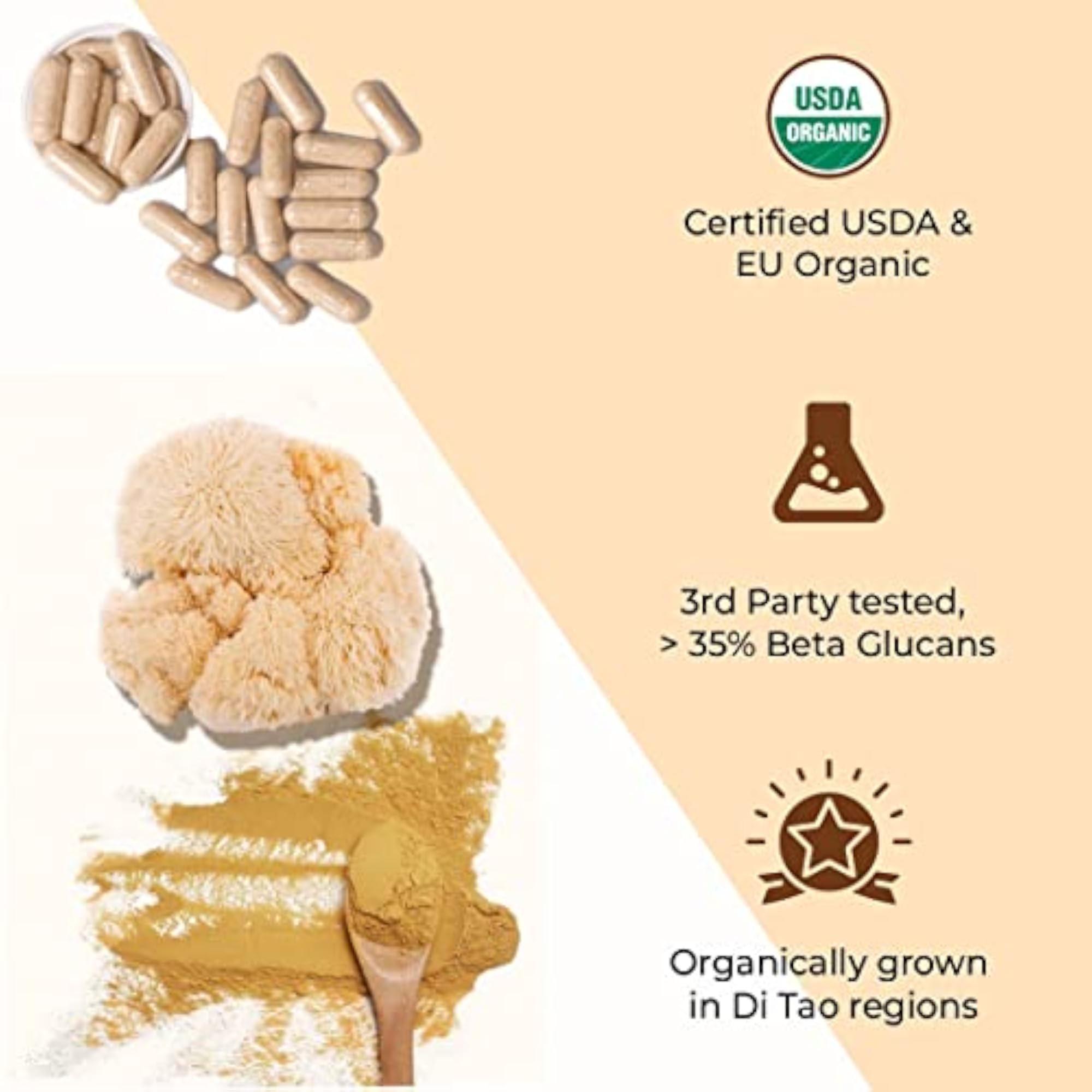 USDA Organic Lions Mane Mushroom Extract Capsules, 60 Count