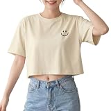 [AUSKY] Tシャツ レディース 半袖 クルーネック クロップド丈 ショート丈 綿混 ゆったり ロゴ プリント 薄手 通気性 体型カバー 韓国風 カジュアル シンプル おしゃれ 着回し 春 夏 秋 通学 通勤 トップス