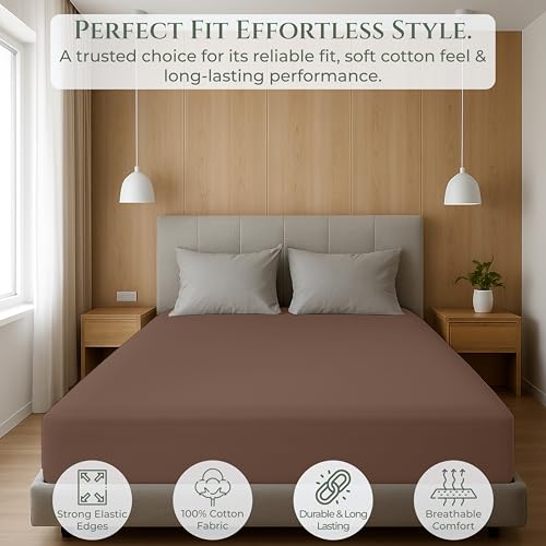 Image of Royale Linens 100% Organic Cotton Full Fitted Sheet Only - Percale Weave - Super Soft Deep Pocket Bottom Sheets - Chocolate Elastic Sheet - Full Size Fitted Sheets Only - (54 inchx75 inch+15 inch, Chocolate)
