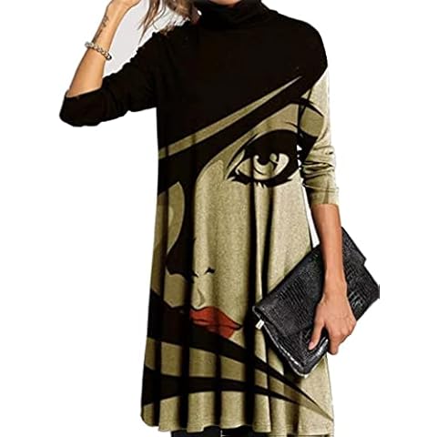 CoolCrafts Women Loose Fit Casual Dress Half High Collar Long Sleeve Printed Dress S-5XL Cover