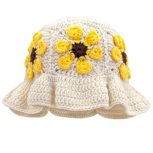 Ahouws Crochet Bucket Hat for Women Flower Knit Hat Ruffled Hollow Out Foldable Cap...