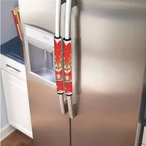 Image of Refrigerator Door Handle Covers Set of 6 Kitchen Electrical Appliances Handle Protector for Christmas Winter Holiday Home Decor, Cute Reindeer Print Red