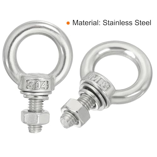 Image of uxcell M8*20 5 /16 inchx0.79 inch Stainless Steel Eye Bolts Threaded Screw Eyebolt Shoulder Ring with Nuts Washers for Lifting Hanging, 2 Set