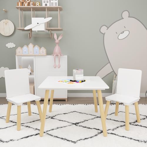 Image of Wood Table & Chairs 3 Pieces Set, Boys Girls Activity Table w / 2 Chairs, Solid Wood Legs, Safe Rounded Corners, Playroom Furniture for Boys & Girls Activity Dining Drawing Craft.