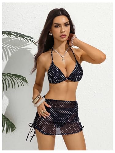 Image of Women's 4 Piece Polka Dots Bathing Suits Cover Up Skirt & Bandana | Halter Bikini Sets, Sexy Bathing Suit, Beach Skirt, Leopard, Paisley, Tropical, Summer