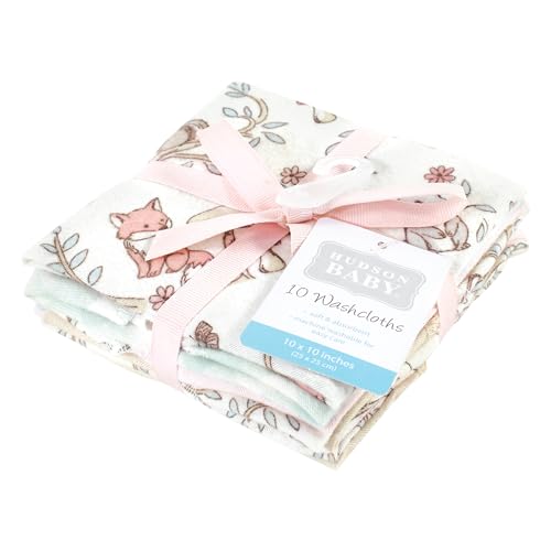 Image of Hudson Baby Unisex Baby Flannel Cotton Poly Washcloths, Girl Woodland Pals 10Pk, One Size