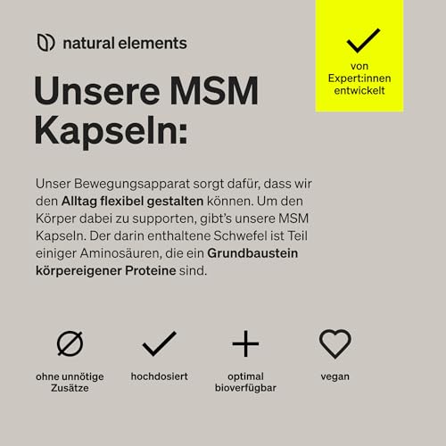 natural elements MSM Kapseln - 365 vegane Kapseln - Laborgeprüfte 1600mg Methylsulfonylmethan (MSM) Pulver pro Tagesdosis - Ohne Magnesiumstearat, hochdosiert und in Deutschland produziert