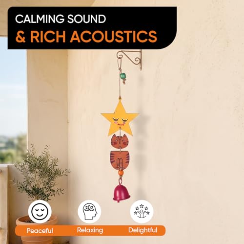 Image of Aakriti Art Creations Orange Kitty Wind Chime Multicolor | Handmade Modern Art Wooden & Metal Wind Chime | Matte Decorative Wind Chimes for Balcony, Garden, Living Room & Gifting