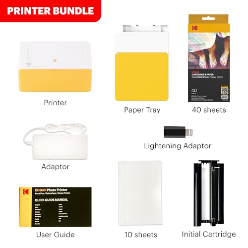 KODAK Dock Plus 4PASS Instant Photo Printer (4x6 inches) + 90 Sheets Bundle (10 Initial Sheets + 80 Sheet Pack)