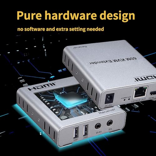 Image of 60M USB KVM HDMI Extender, with 1080P R /L Audio by CAT5E Cat6 RJ45 Ethernet Cable Transmitter Receiver Audio Video Converter PC Laptop to TV Monitor (4K 60M HDMI Extender Cascade Connection)