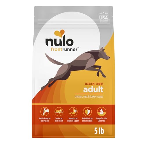 Image of Nulo Frontrunner Dry Dog Food - Adult High-Protein Chicken, Oats & Turkey Recipe, Natural Kibble with Ancient Grains, Probiotics, Taurine, Omega 3 for Small, Medium and Large Breeds, 5lb Bag