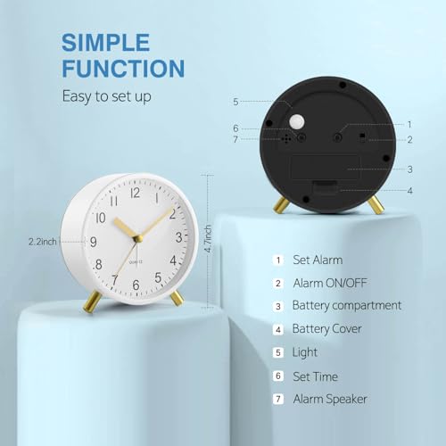 Silent Analog Quartz Kids Alarm Clock, Round Metal, Night Light - Image 5