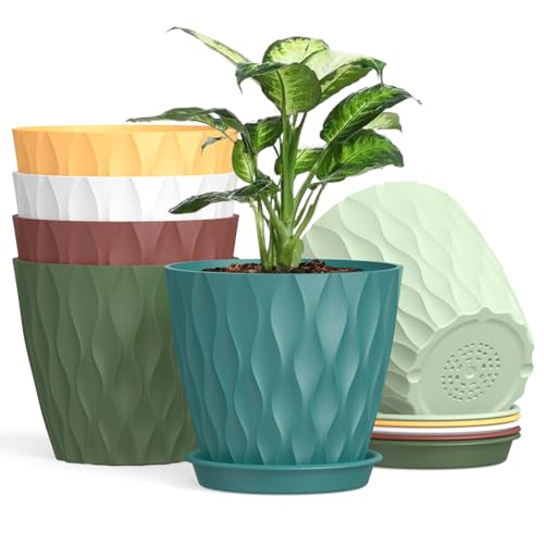 Homeuouz 12.5cm Plant Pots 6 Pack Plastic Flower Pots with Drainage Holes and Saucers Indoor Outdoor Planters for Succulent and All House Plants(Colourful)