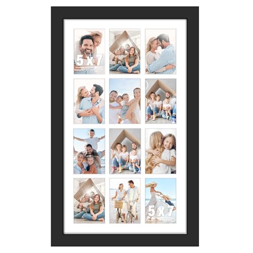 Image of DUENPY 17.5x30.5 Picture Frame 12-Opening 5x7 Collage Picture Frame Displays Twelve 5x7 inch Photos Collage Wall Decor Wall Hanging or Tabletop Black