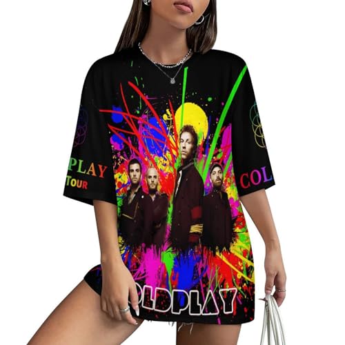 MZPQDKSLK Womens Cold&Play Logo Graphic Black T-Shirt Short Sleeve T Shirt for Women Crew Neck Music Band Tshirt Clothes Merch for Fans Gift
