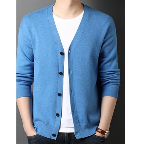 Mens V Neck Slim Cardigans Long Sleeve Button Down Casual Knitted Sweater Basic Designed Cotton Pockets Cardigan (Light Blue,165)3
