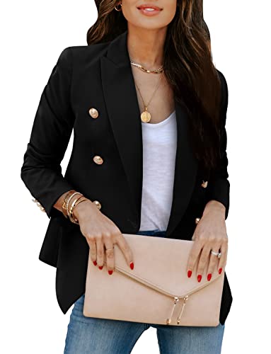 Crazy Grid Womens Double Breasted Blazer Jackets Open Front Business Casual Suit Jacket Long Sleeve Dressy Blazer Lapel Gold Button Ladies Work Office Blazer Black Large #TOP1