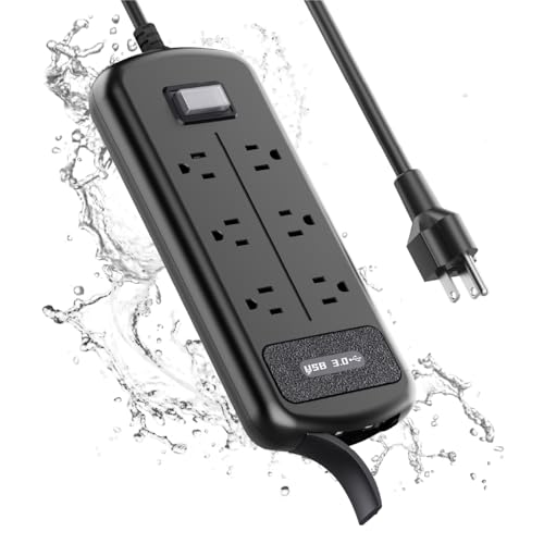 Protector eléctrico exterior resistente al agua IPX6, 6 tomas con 3 puertos USB, 1625W/13A, cable de extensión de 1.83 m, protección contra sobrecarga y choque eléctrico, montable en pared para hogar, oficina y exteriores. miniatura 1