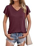 AUTOMET Womens Short Sleeve T-Shirts V Neck Tops Summer Fashion Dressy Casual Basic Ruffle Blouse Soft 2025 Spring Clothes WineRed XL