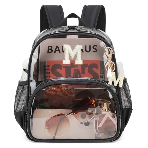 PIG PIG GIRL Clear Backpacks for Stadium Events Approved 12×6×12 Clear Bookbag for Women Mini Transparent Letter Back Pack, Semi-black, Letter-M