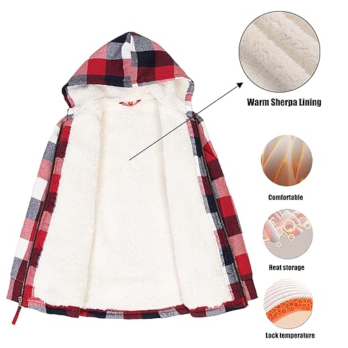Image of ThCreasa Boys Plaid Flannel Jackets Sherpa Lined Zip Up Long Sleeve Warm Flannel Shirt with Hood