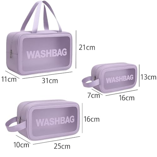 Image of RIXTEV PVC Makeup Bag Travel Toiletries Organizer Cosmetic Bags Wash Bag Pouch for Travel Kit Toiletry Bag Portable Organizer Case Carry Pouch for Women Bathroom Set of 3 (Purple)