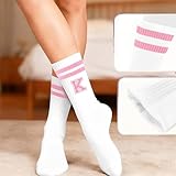 ATOERNCSO Pink And White-Striped Letter Socks, Sports Socks For Women, Pink Team socks, Friends And Family, Birthday Gift.(K)