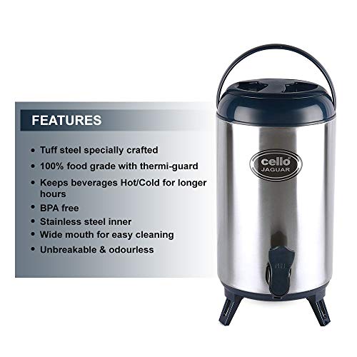 Image of CELLO Jaguar Vacuum Insulated Thermos Water Jug for Kitchen 8 Litre Grey | Easy to Fill & Clean Wide Mouth, Press and Pour Tap Double Wall Hot and Cold Stainless Steel Water Jug for Picnic and Office