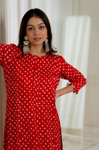 Image of LookMark Women Cotton Blend Bandhej Printed Bandhani Kurta Palazzo Set With Sequence Lace