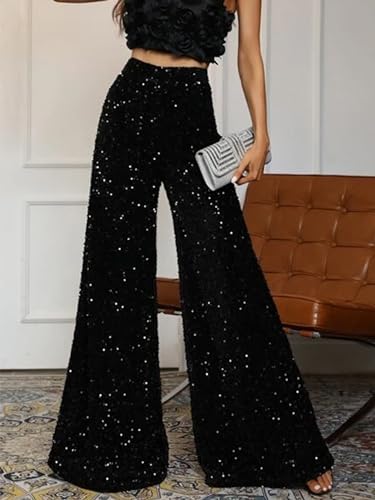 Women's Sequin Pants Sparkly Glitter High Waisted Wide Leg Flare Trousers Bell Bottom Night Out Clubwear4