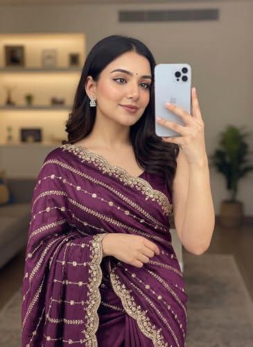 Image of RADHA Women's Embroidery Work Saree with Designer Border for Festive and Traditional Ethnic Drape Saree with Detailed Thread Style Pattern and Elegant Occasion Look