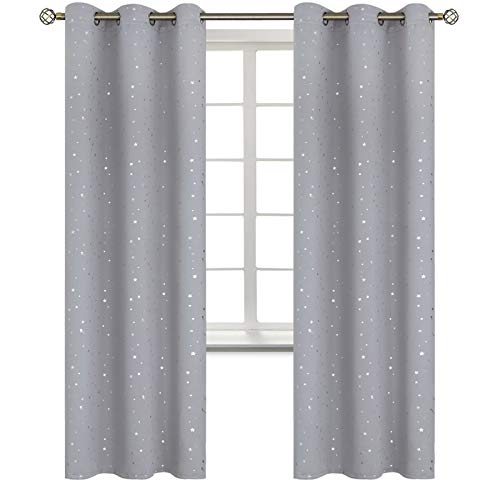Image of BGment Kids Blackout Curtains for Bedroom - Grommet Thermal Insulated Silver Star Print Room Darkening Curtains for Kids Room, Set of 2 Panels, 38 x 84 Inch, Light Grey