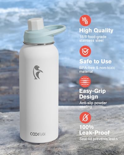Image of Coolflask 40 oz Water Bottle Insulated with PU Leather Sleeve & 3 Lids