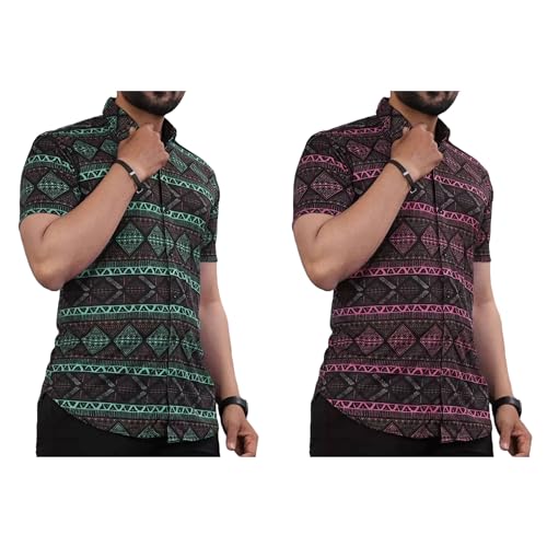 Image of LookMark Men's Trendy Lycra Blend Spread Collar Half Sleeve Printed Shirts - Elevate Your Style with Comfort and Versatility (Pack of 2)