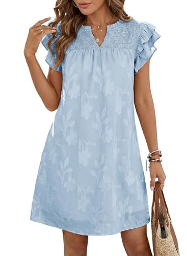 Image of Dokotoo Womens Summer Dresses 2026 Ruffle Short Sleeve Casual V Neck Smocked Floral Burnout Mini Dress Sundress