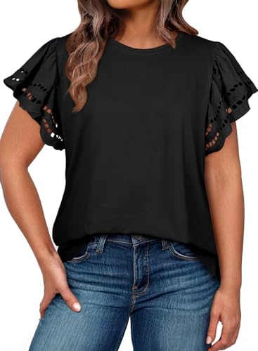Eytino Womens Plus Size Tops Short Sleeve Round Neck Hollow Out Casual Loose Tunic Tees Shirts(1X-5X)