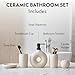 Terramoza Ceramic Bathroom Accessory Set, 5 Pcs - Soap Dispenser 16 Oz, Toothbrush Cup, Toothbrush Holder, Soap Dish, Candle Holder - Beige, Boho Bathroom Sink Decor, Modern Countertop Accessories