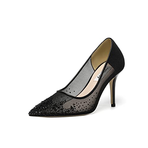 Vertundy Women's Rhinestone Mesh Pumps - Closed Pointed Toe Stiletto Heels Slip On Fashion Dress Shoes for Party Wedding