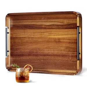 22 x 15.7 Inches Acacia Wood Serving Tray with Metal Handles, Large Rectangular Ottoman Tray with Rounded Corner, Great for Living Room, Coffee Table, Kitchen, Serving Food & Hosting