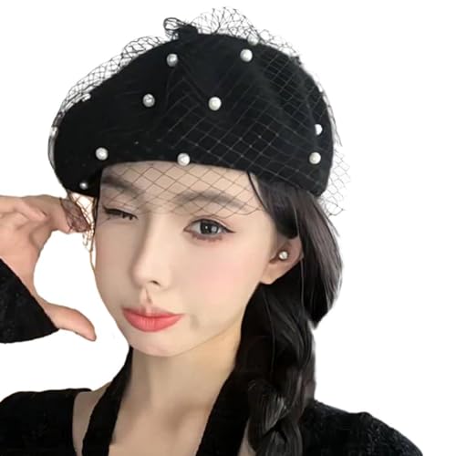SIQITECHNO Berets Hat with Pearl French Beret Hats for Women Beret with Mesh Solid Color Hat for Winter Gift for Women