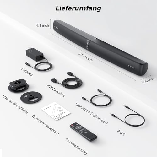 AUX und USB für universelle TV-Kompatibilität inklusive Gaming-Konsolen. (121 Zeichen)