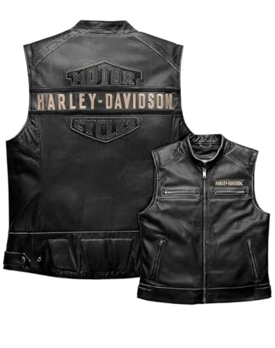AG BISON Men's Harley Rugged Real Leather Black Biker Vest H-D Vinted Motorcycle Vest for Mens Cafe Racer Distressed Vest (US, Alpha, X-Large, Regular, Regular, Black)