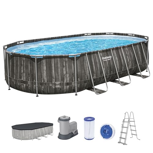 Bestway Power Steel Frame Pool Komplett-Set mit Filterpumpe 610 x 366 x 122 cm , Holz-Optik (Mooreiche), oval