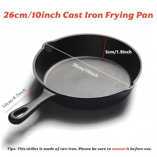 Cast Iron Frying Pan 10 Inch, Skillet Frying Pans with Pour Spouts for Gas, Induction, Grill - No Coating, Chemical-Free, Oven Safe, Even Heating Cookware, Naturally Nonstick with Oil Seasoning