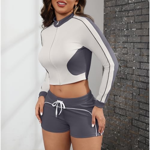 ECHOINE Workout Sets for Women Long Sleeve Color Block Zip Up Jacket High Waisted Shorts Set 2 Piece Outfits4
