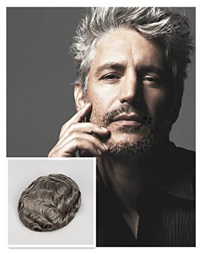 Amiable grey white toupee for men 0.06mm mens grey hair piece Soft Thin Skin Men's Toupee Real Human Hair Pieces for men V-looped, European Virgin Hair Replacement System For Men mens hair piece Natural Wave Hair 8 x 10 Inches (with 50% grey hair