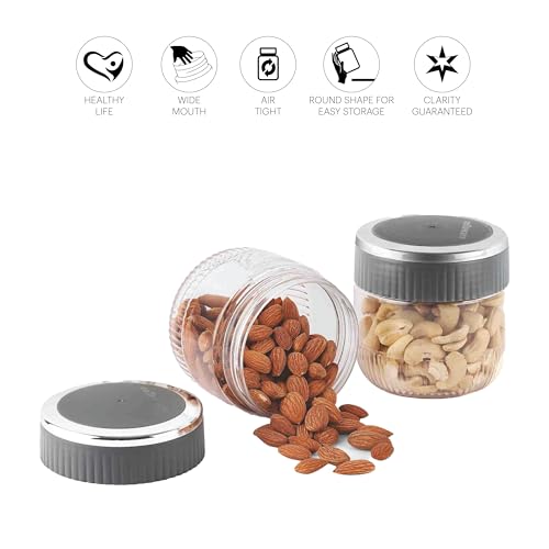 Image of CELLO Mint Storage Canister For Kitchen Set of 2, (500 ml x 2), Grey | Food Grade, Stackable, See Through | Nestable Storage Pet Container with Lid for Food, Pulses, Spice, Cereals, Cookies, Dry Food