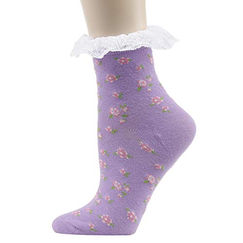 Image of KitNSox Funcat Women's Lace Ruffle Frilly Colorful Floral Cotton Casual Novelty Ankle Socks 4 /5 /6 Pairs